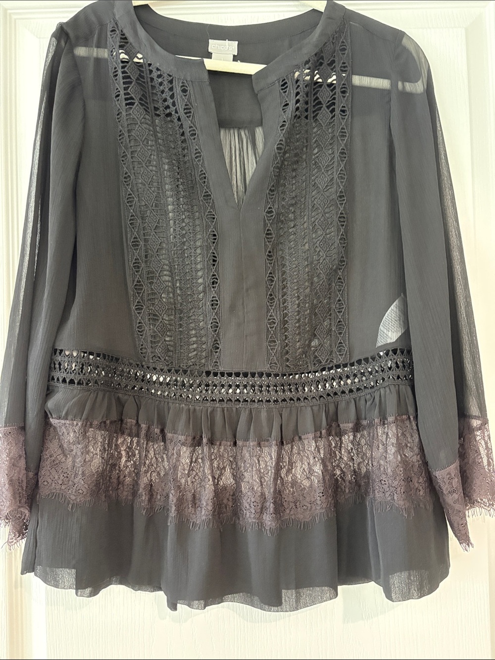 Chico's Sheer Lace-Trim Peasant Blouse - Black